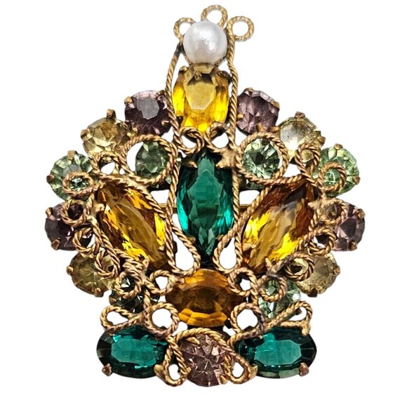 Original By Roberts Crown Brooch Pendant Green Yellow Rhinestone PinL537